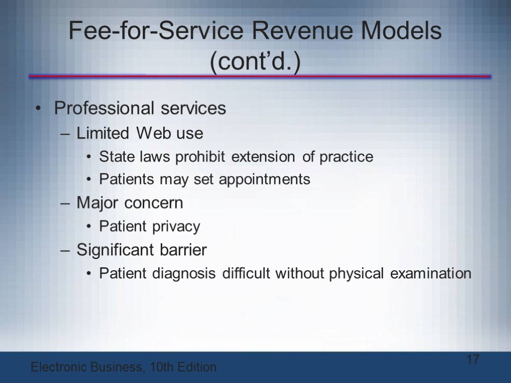 Fee-for-Service Revenue Models (cont’d.) Professional services Limited Web use State laws prohibit extension of